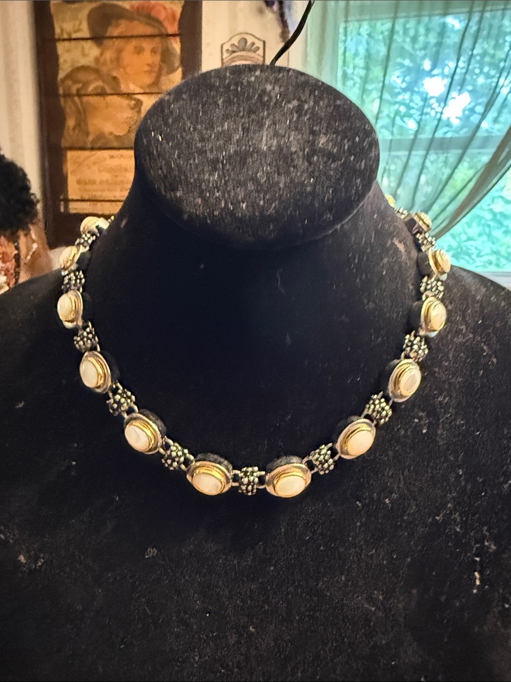 Vintage 1970s silver and gold tone necklace with Mother of Pearl dome inserts